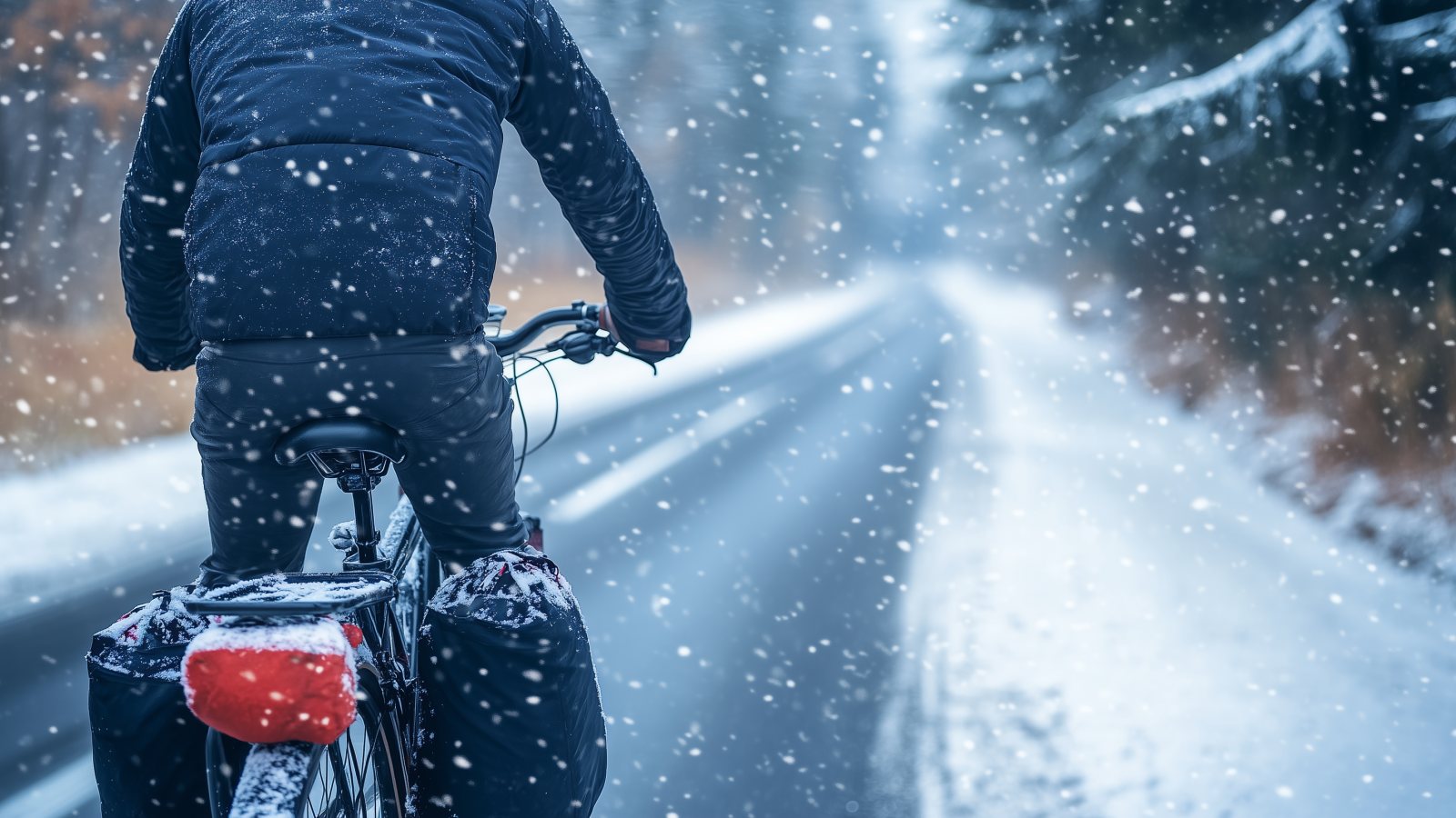 Un homme faisant du vélo en hiver pendant qu'il neige